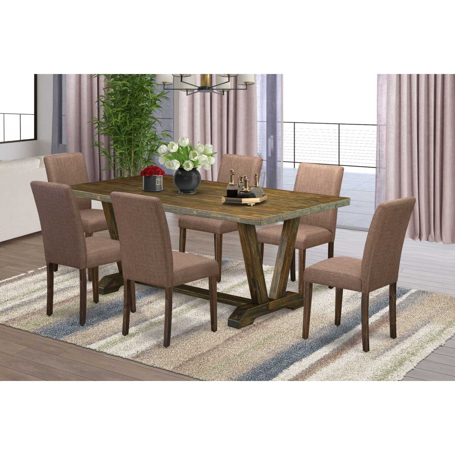7-Piece Wooden Dining Set - Rectangular Table & 6 Upholstered Chairs - Rustic Distressed Finish