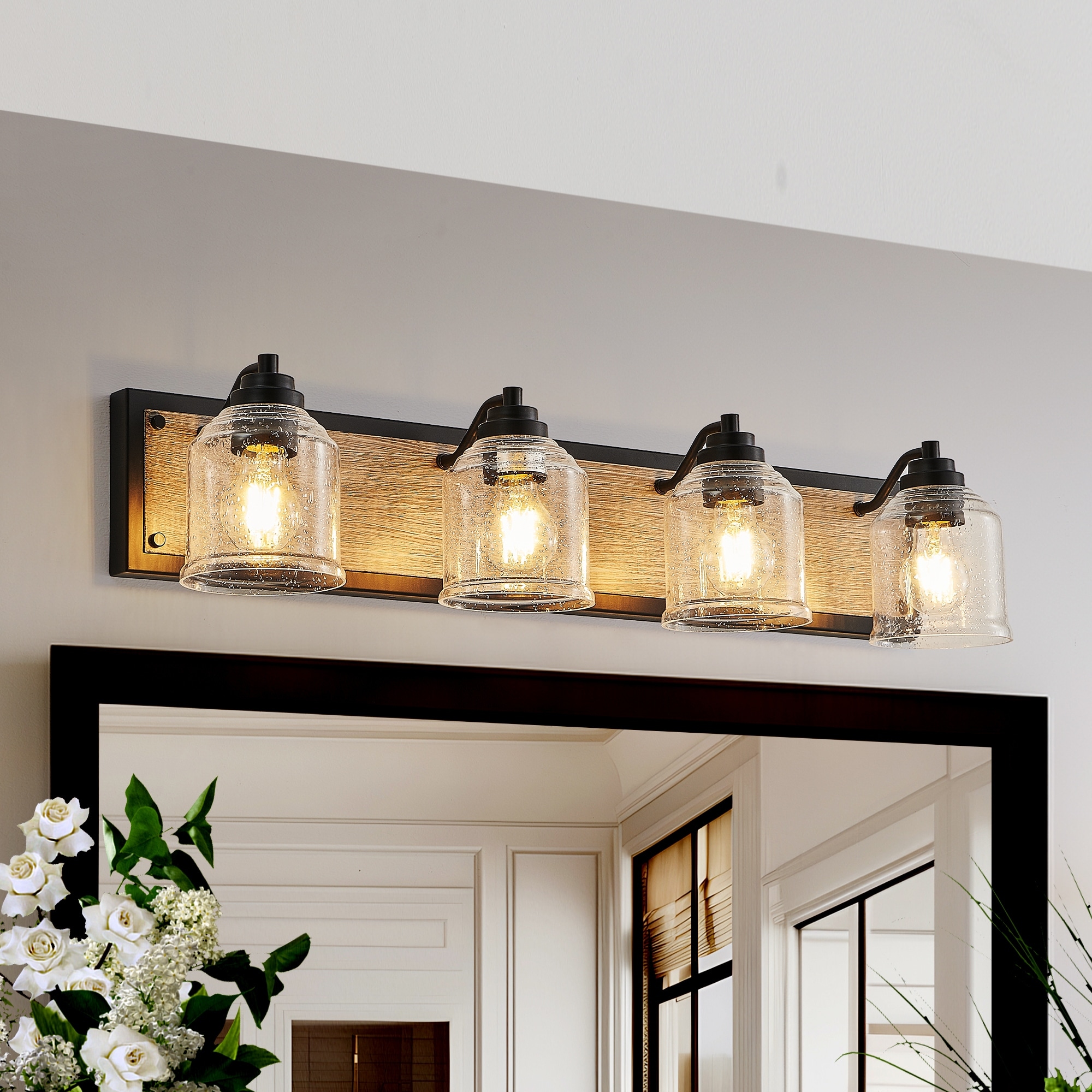 Farmhouse 4-Light Vanity Light, Rustic Black & Wood Wall Sconce with Seeded Glass Shades, Modern Industrial Design (No Bulbs)