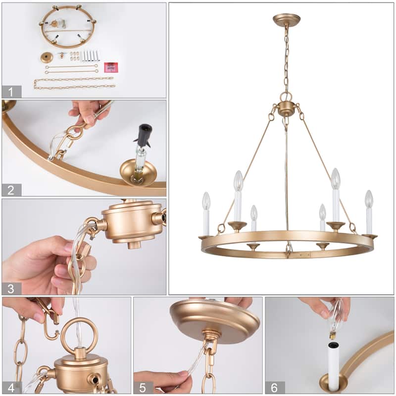 Rustic Farmhouse 6-light Wagon Wheel Chandelier Candle Ceiling Lighting Dining Room Entryway - L26.4" xW26.4 "xH25.6"
