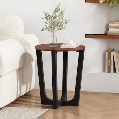 Modern Stylish Side Table Acacia Solid Wood Coffee Table with Brown Round Tabletop and Black X-Cross for Indoor Outdoor