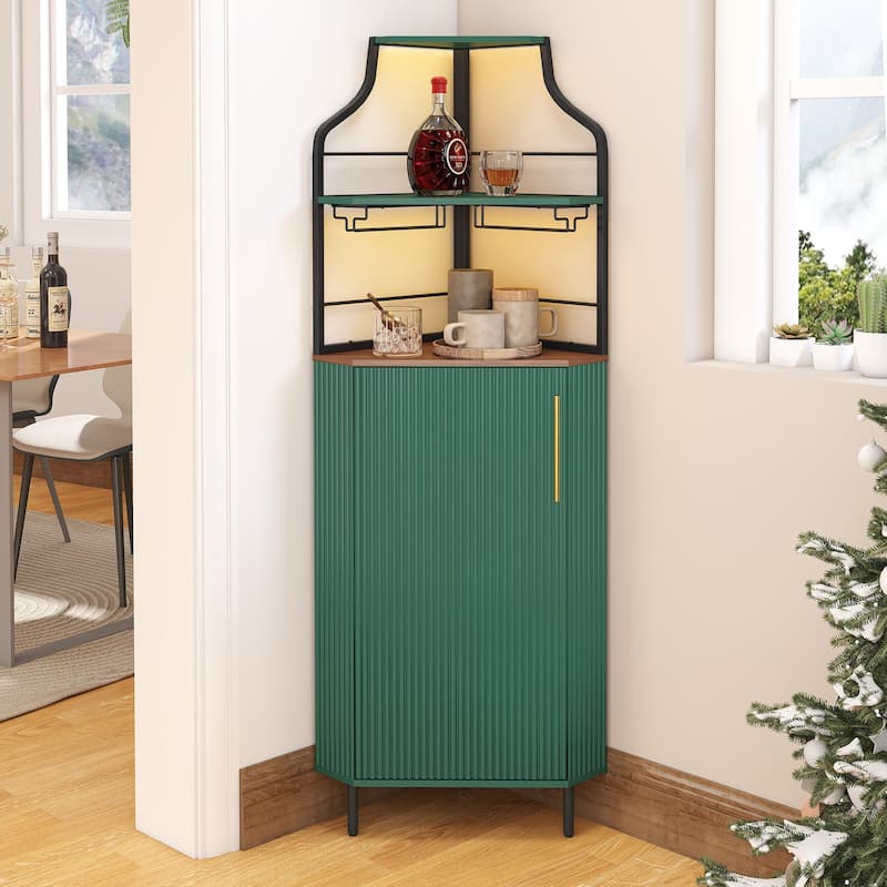 59.05" Tall Corner Bar Storage Cabinet with Wine Rack & Lights - Green