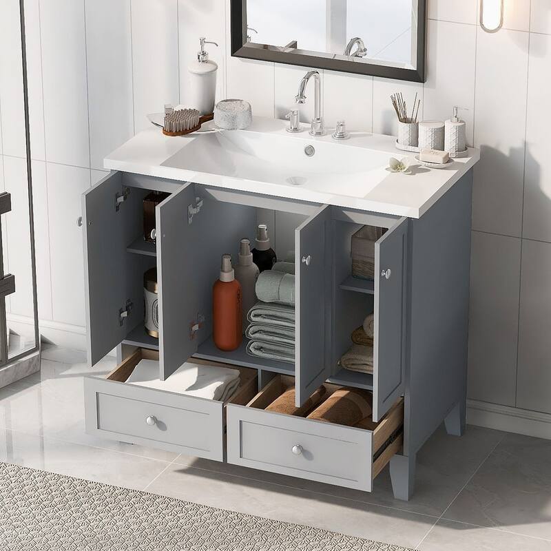 36'' Bathroom Vanity with Sink Set, Solid Wood Frame Bathroom Storage Cabinet, Freestanding Vanity Set