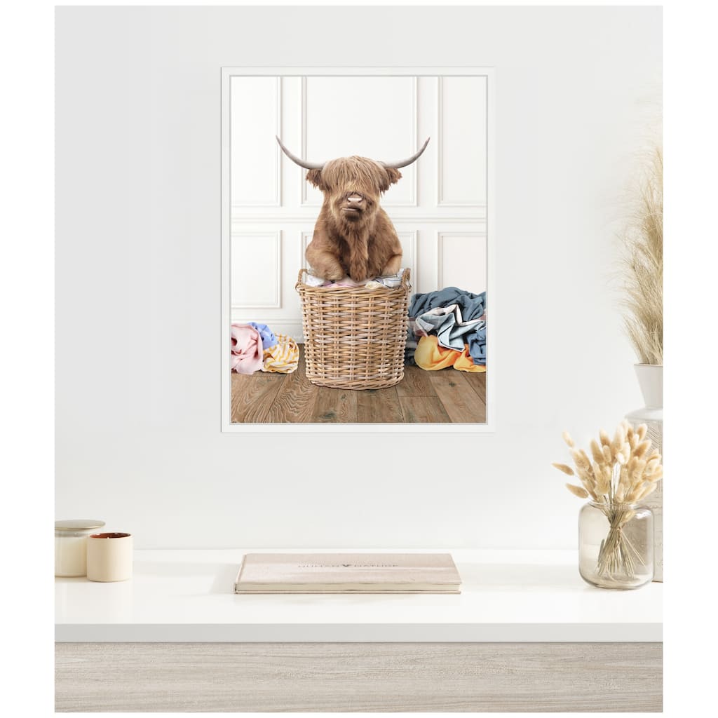 Kate and Laurel Sylvie Highland Cow Traditional Laundry Framed Canvas by Amy Peterson