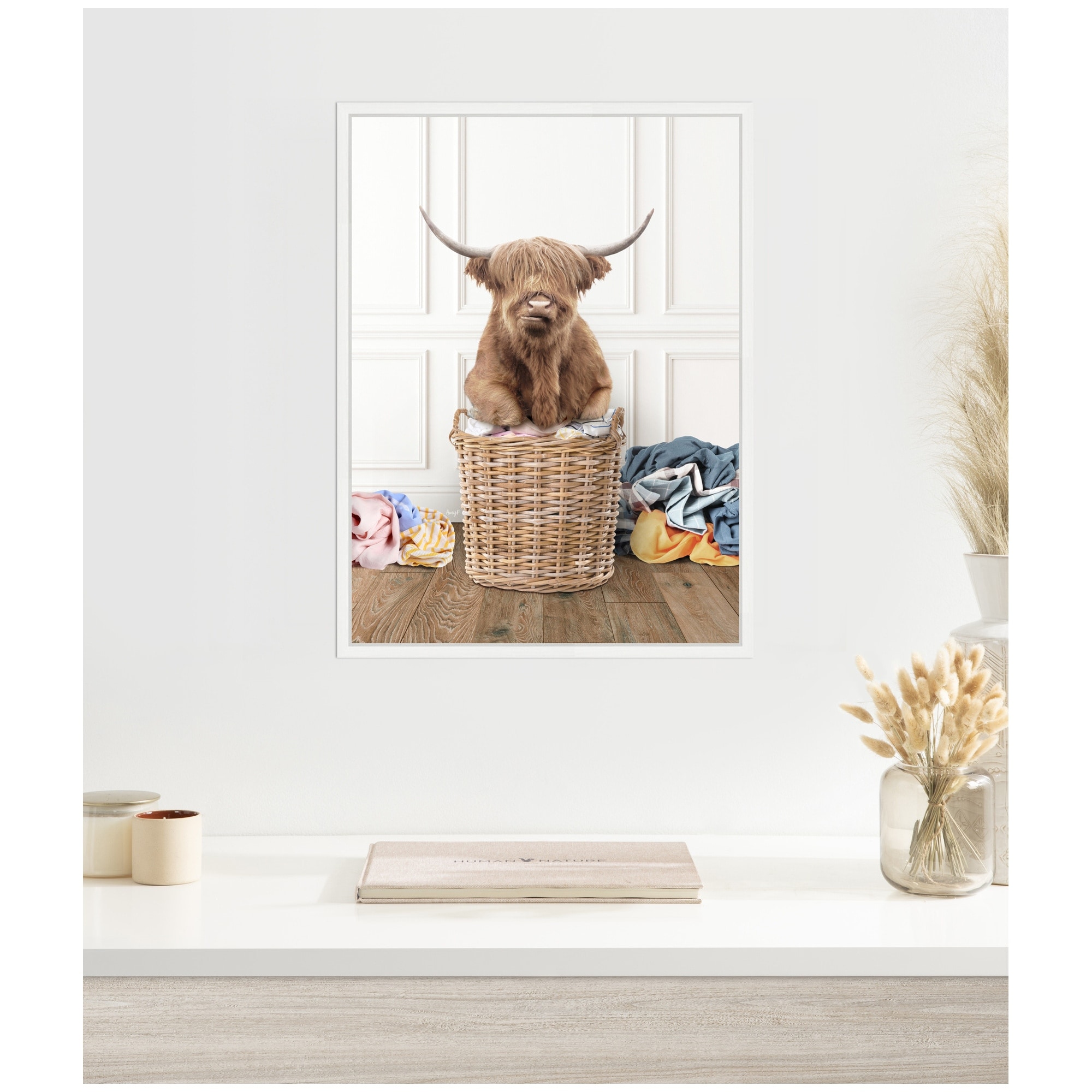 Kate and Laurel Sylvie Highland Cow Traditional Laundry Framed Canvas by Amy Peterson