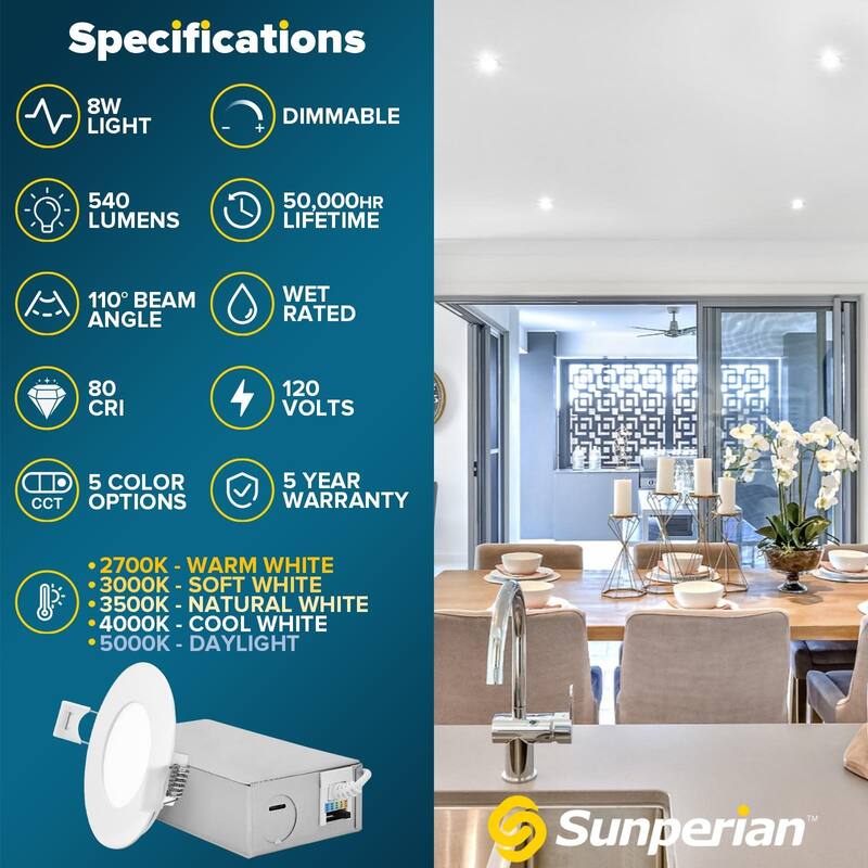 Sunperian 3 inch UltraThin LED Recessed Light JBox 5 Color Options 8W