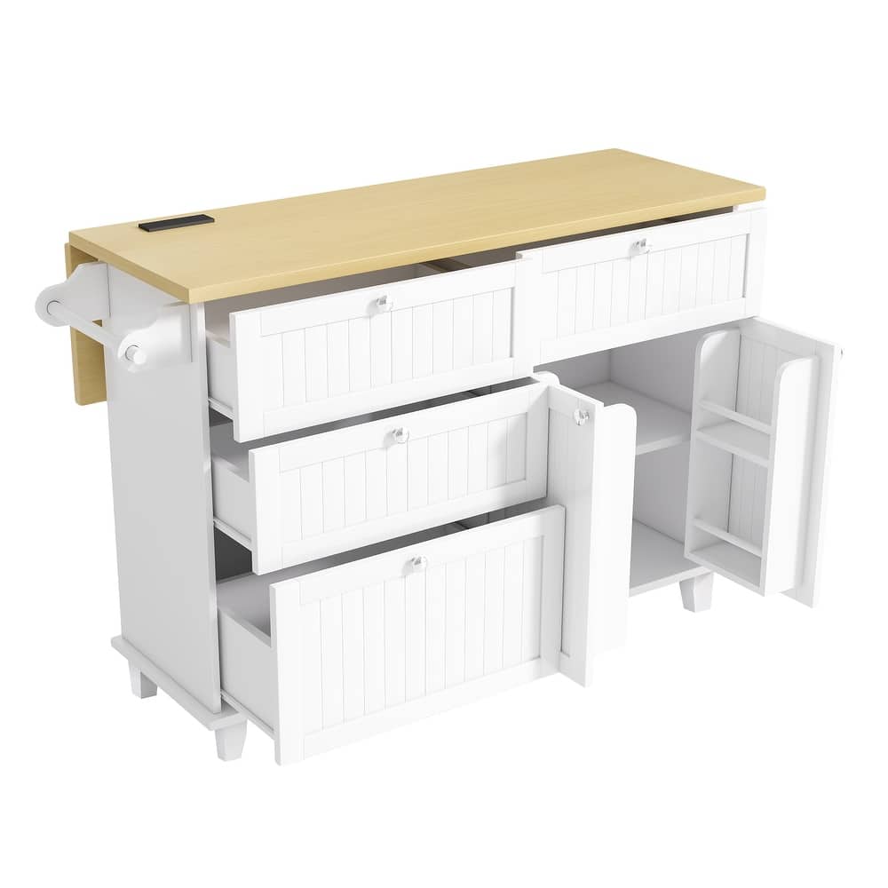 Roomfitters Farmhouse Kitchen Island Cart with Drop Leaf and 2 Stools, Power Outlet and Storage