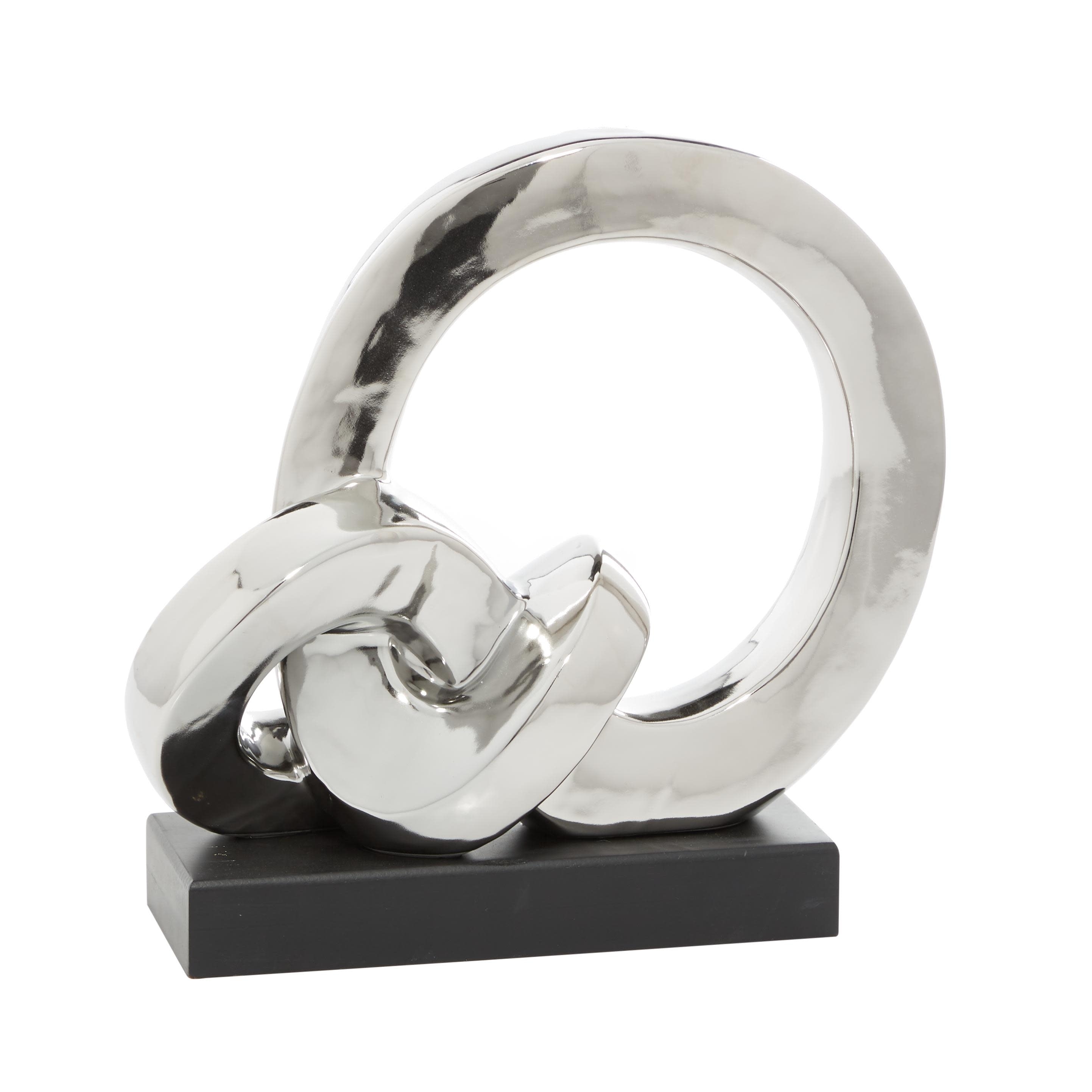 Silver Porcelain Ceramic Link Abstract Decorative Sculpture with Black Base