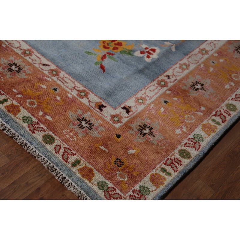 Hand Knotted Oriental 100% Wool Carpet Traditional Floral Navy Blue & Blues Art Deco Area Rug - 9' 9'' X 7' 10''