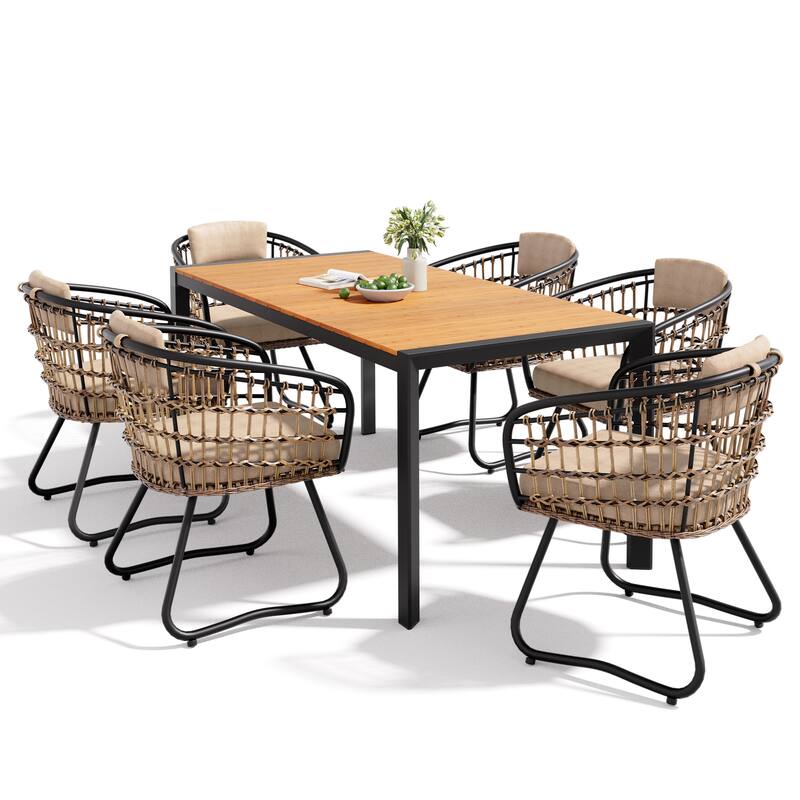 7-Piece Outdoor Patio Dining Set Wood Like Table Top Aluminum Rectangular Umbrella Hole Table with Rattan Chairs