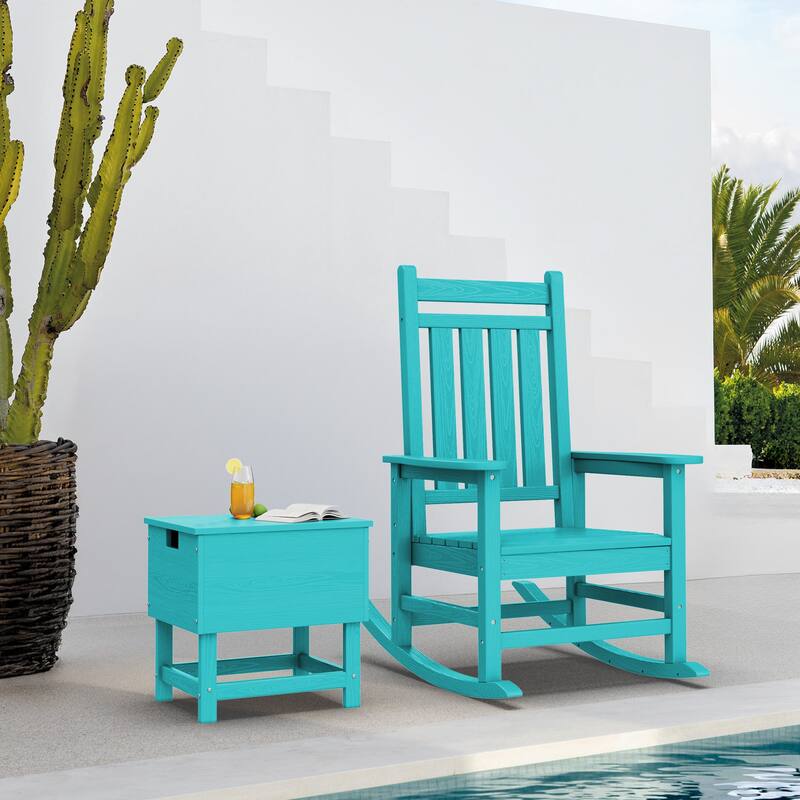 Outdoor Patio Weather Resistant HDPE Coffee & Side Table, Build-in Stainless Steel Cooler Bucket