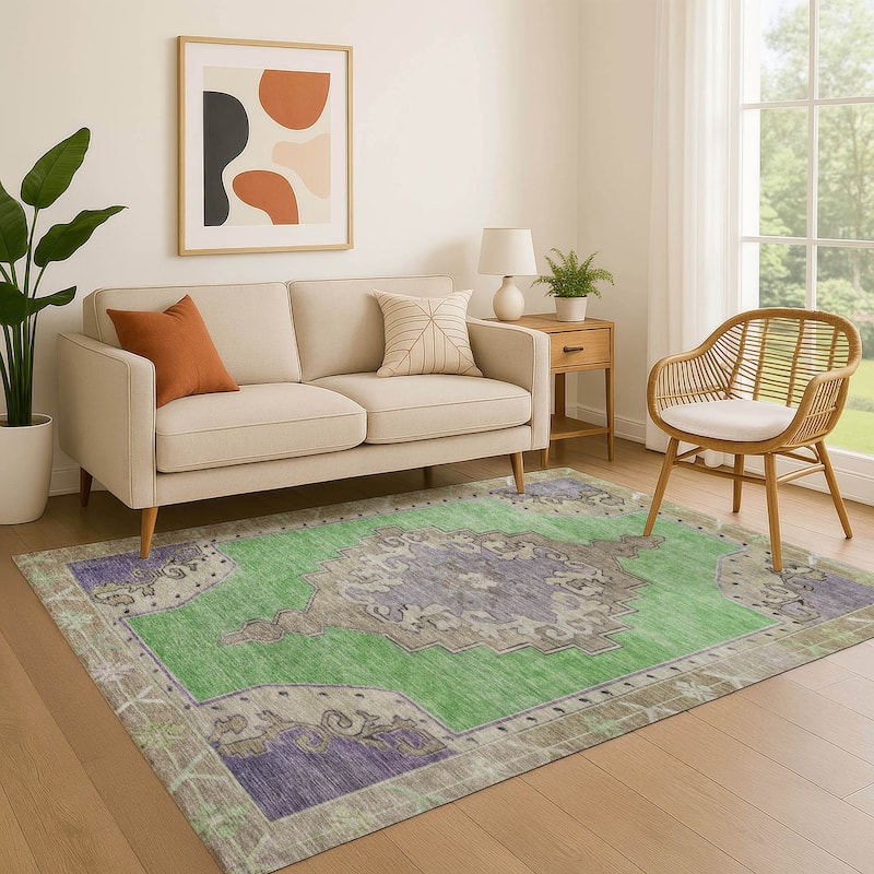 Premium Washable Super Soft Vintage Traditional Mayfield Rug - Lime - 8' x 10'