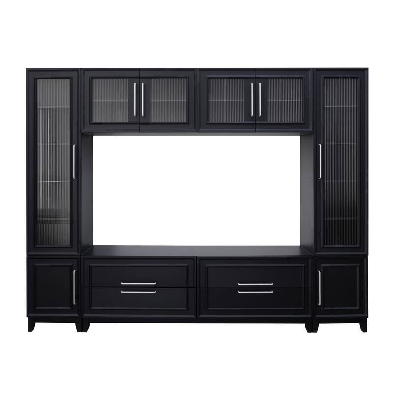 Modern 102" W Wall Unit Entertainment Center for TVs up to 75", Large Media TV Console with Glass Doors and Drawers