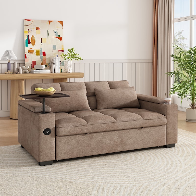 Rossetta Modern Style Chenille Fabric Folding Convertible Pullout Sofa Bed with 3 in 1 Functional Armrest - Khaki