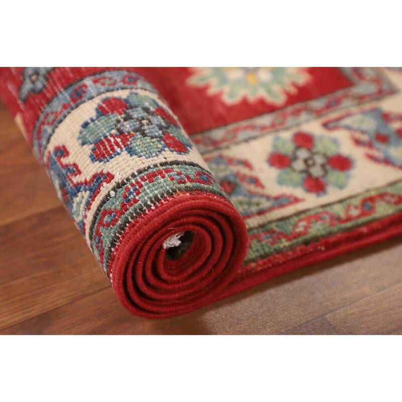 Geometric Kazak Foyer Rug Hand-Knotted Traditional Wool Carpet - 2'8" x 3'11"