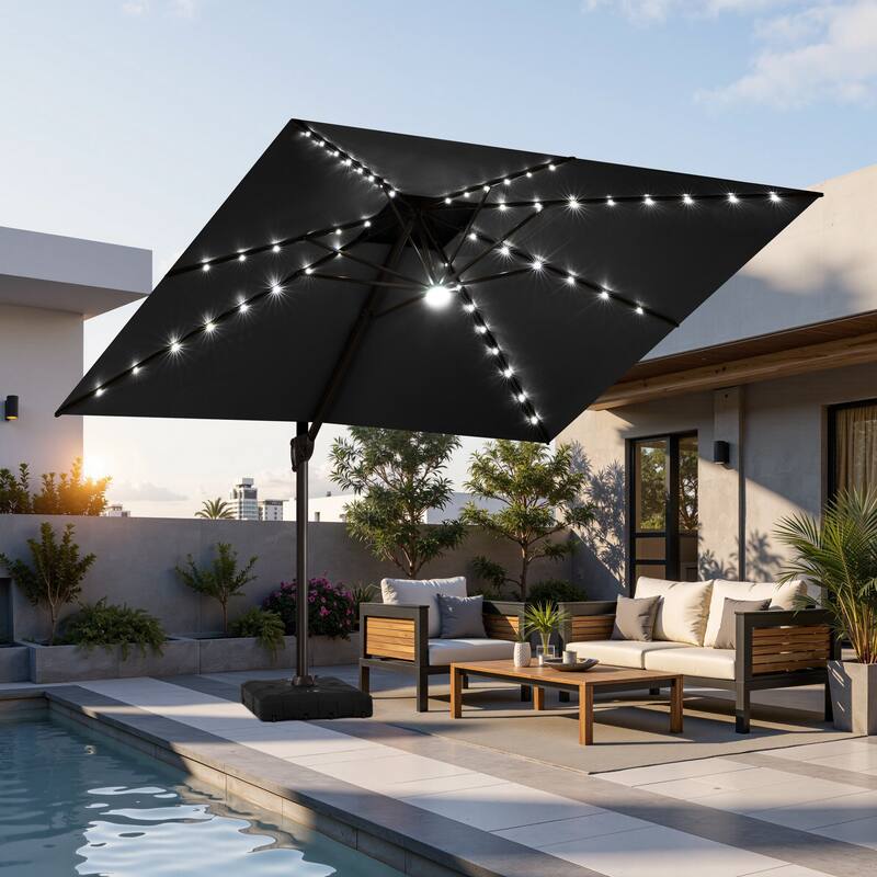 11 FT Outdoor Double Top Solar Powered LED Patio Cantilever Umbrella with Base - Black