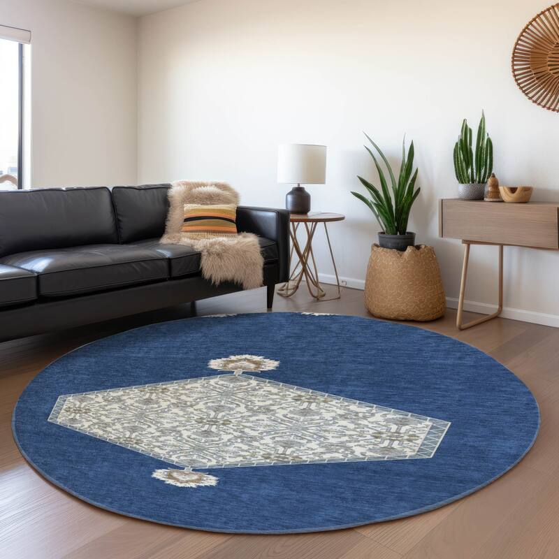 Premium Washable Super Soft Traditional Global Mayfield Rug - Navy - 8' x 8'