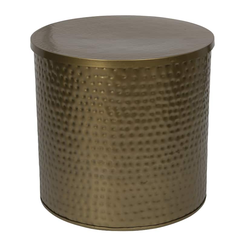 Brass Hammered Metal Drum Table with Lid - Gold - Iron