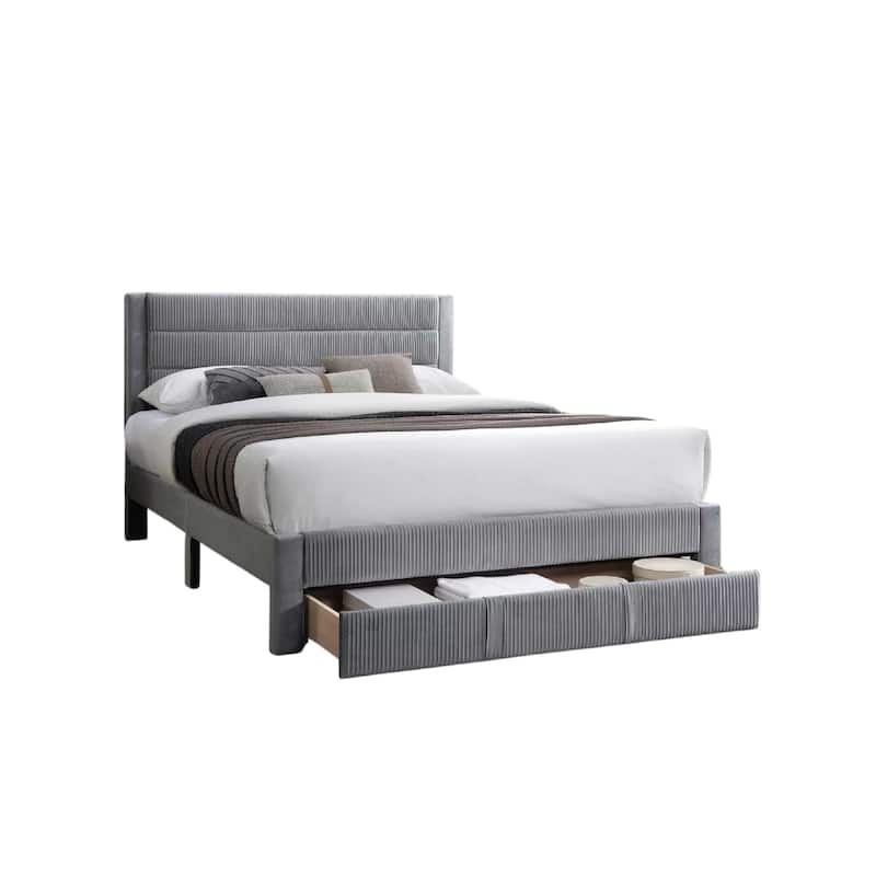 Daisy Full Bed w Drawer, Light Gray Corduroy Upholstery, Foam Headboard