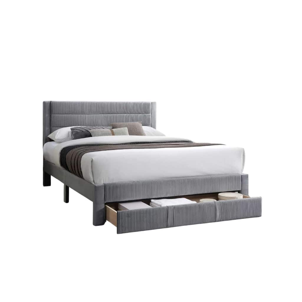 Daisy Full Bed w Drawer, Light Gray Corduroy Upholstery, Foam Headboard