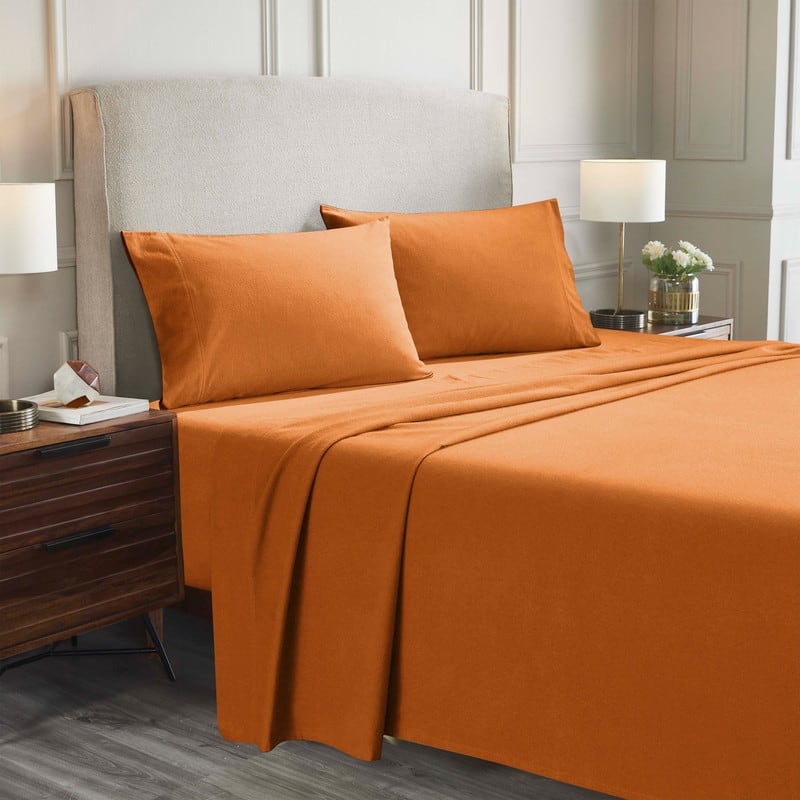 Superior Solid Flannel Cotton Fuzzy Deep Pocket Sheet Set - Pumpkin - Full