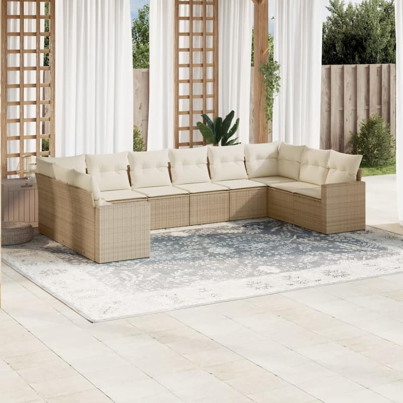 vidaXL Patio Sofa Set with Cushions Outdoor Conversation Furniture Poly Rattan - 24.4 x 25.8 x 27.2 - Beige