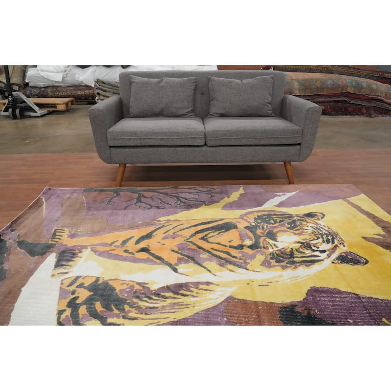 Hand Knotted Oriental Viscose Silk Carpet Modern Animal Pictorial Purples Abstract Area Rug - 7' 9'' X 5' 8''