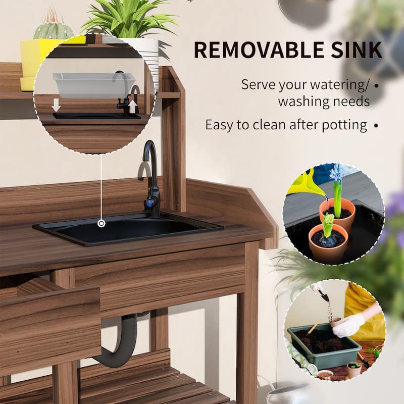 Outsunny Potting Bench Table, Includes Removable Outdoor Sink Station with Hose Hook Up, Wooden Work Station