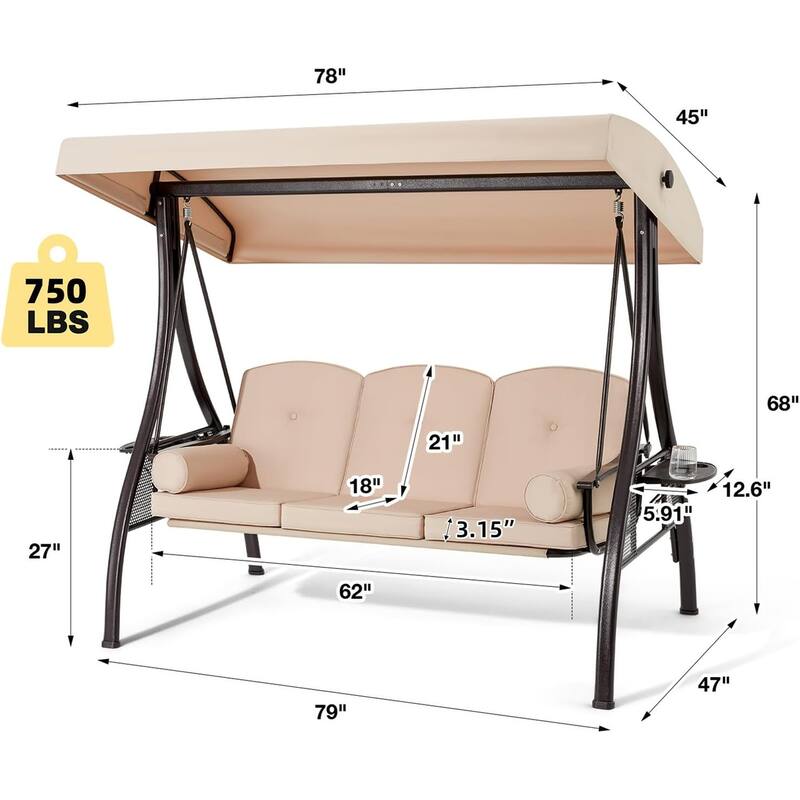 Outdoor 3-Seat Porch Swing with Adjustable Canopy & Cup Holder,Porch Swing Glider Chair, Heavy-Duty Steel Frame