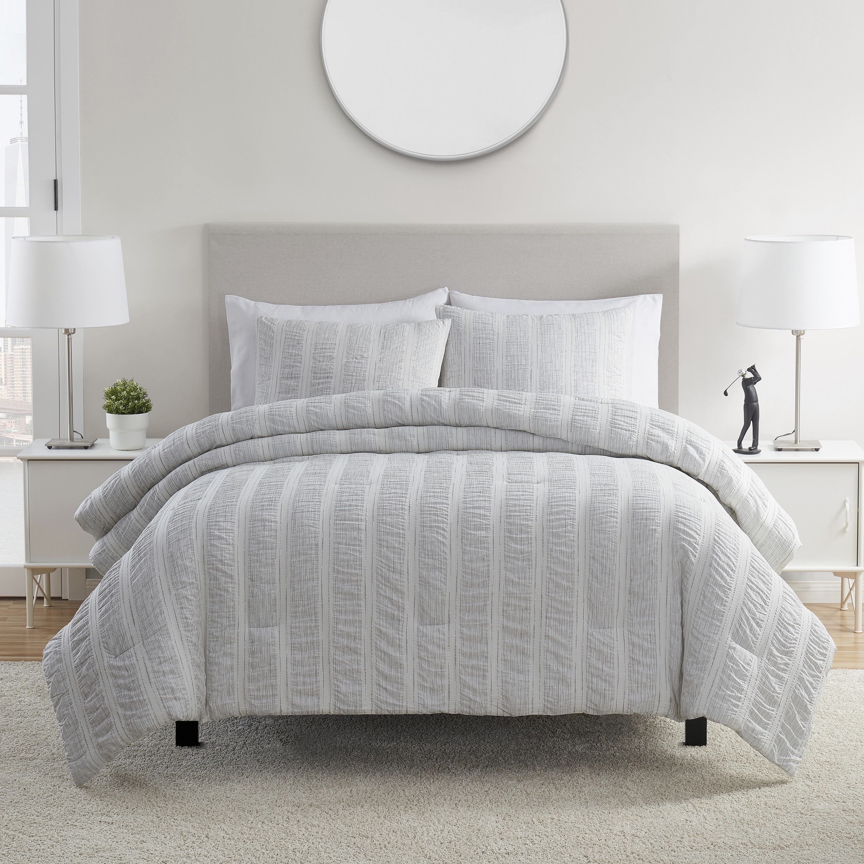 Tahari Home Aria White/Grey Seersucker Stripe Cotton-Rich