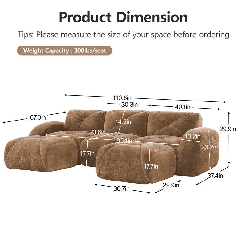U-shaped Boneless Sofa, Tufted Design, 32D High Density Sponge, Bottom Anti-Slip Design, No Assembly Required Bottom