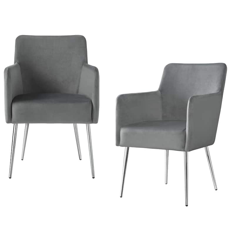 HomeRoots Set of Two Light Gray And Silver Upholstered Velvet Dining Arm Chairs - 25 in. x 33.5 in. x 22 in.