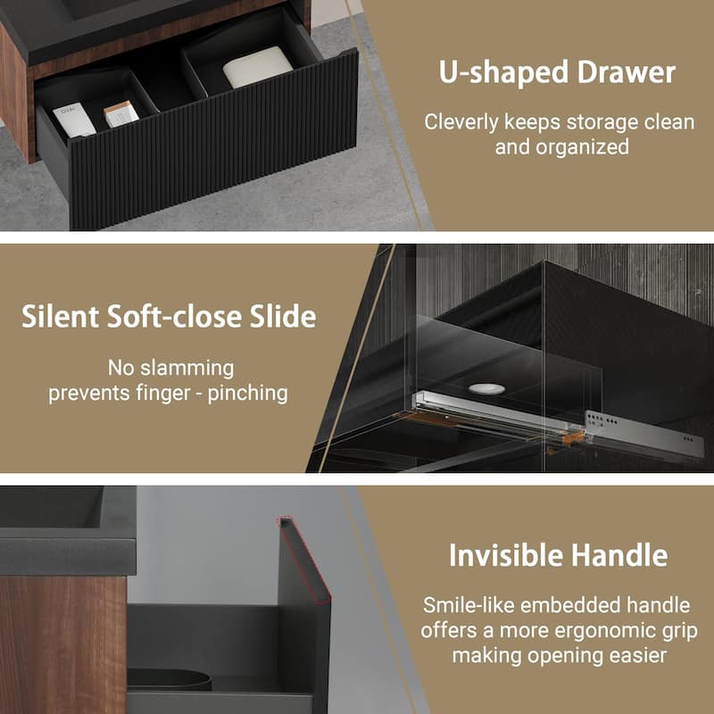 24''/30''/36''/42'' Floating Vanity,Smoked Walnut Storage Cabinet with Soft-Close Drawers,Black Quartz Sand Sink,Wall-Mounted