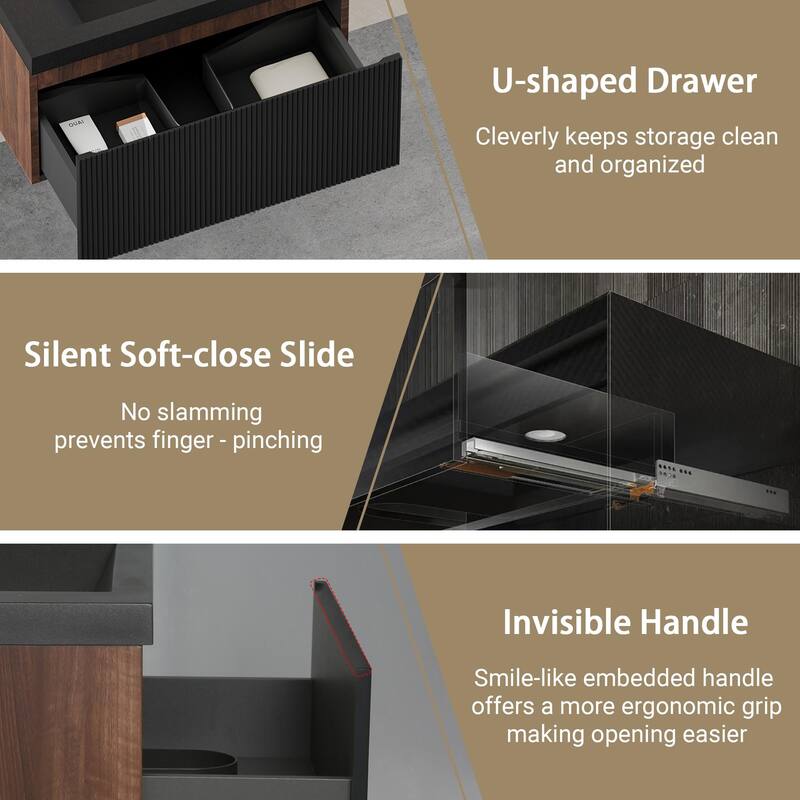 GDFStudio - Parker 30-Inch Floating Bathroom Vanity with Quartz Sand Basin and Fluted Storage Drawer