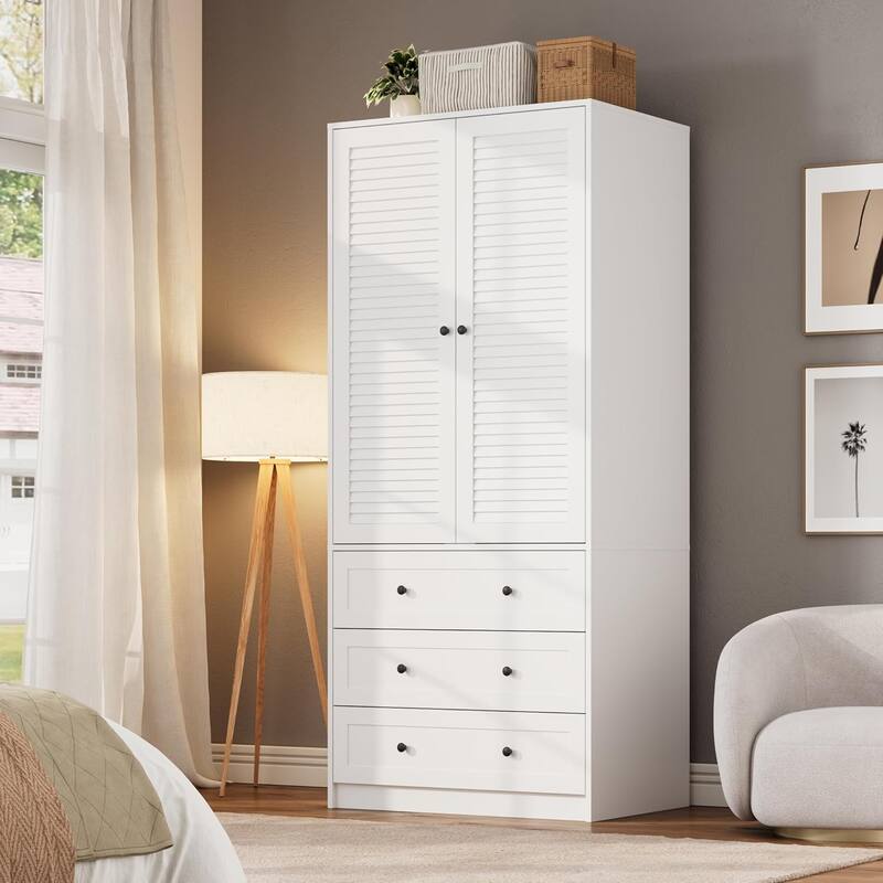 Garvee Louvered Door Armoire Wardrobe Closet with Drawers, 69.5" Wooden Wardrobe Cabinet with Hanging Rod