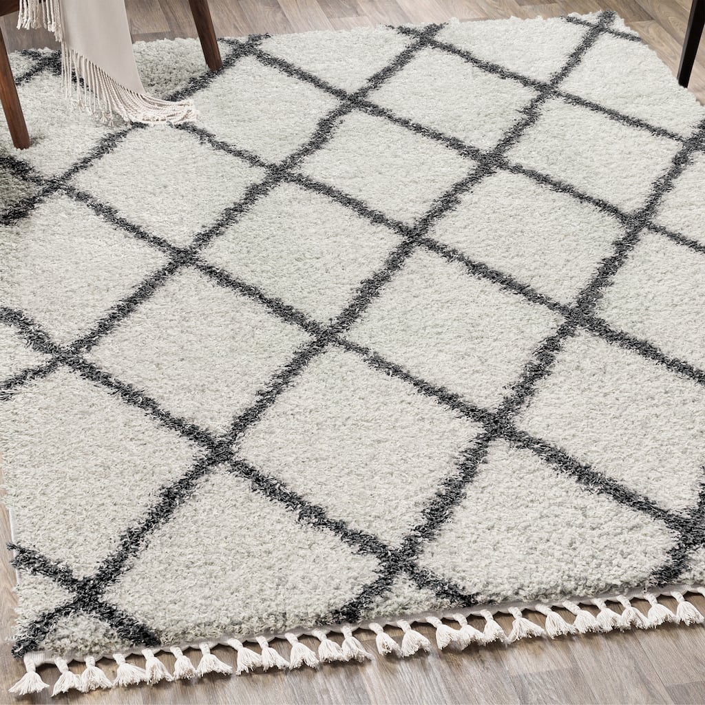 JONATHAN Y Modern Shag Plush Tassel Moroccan Geometric Trellis Area Rug