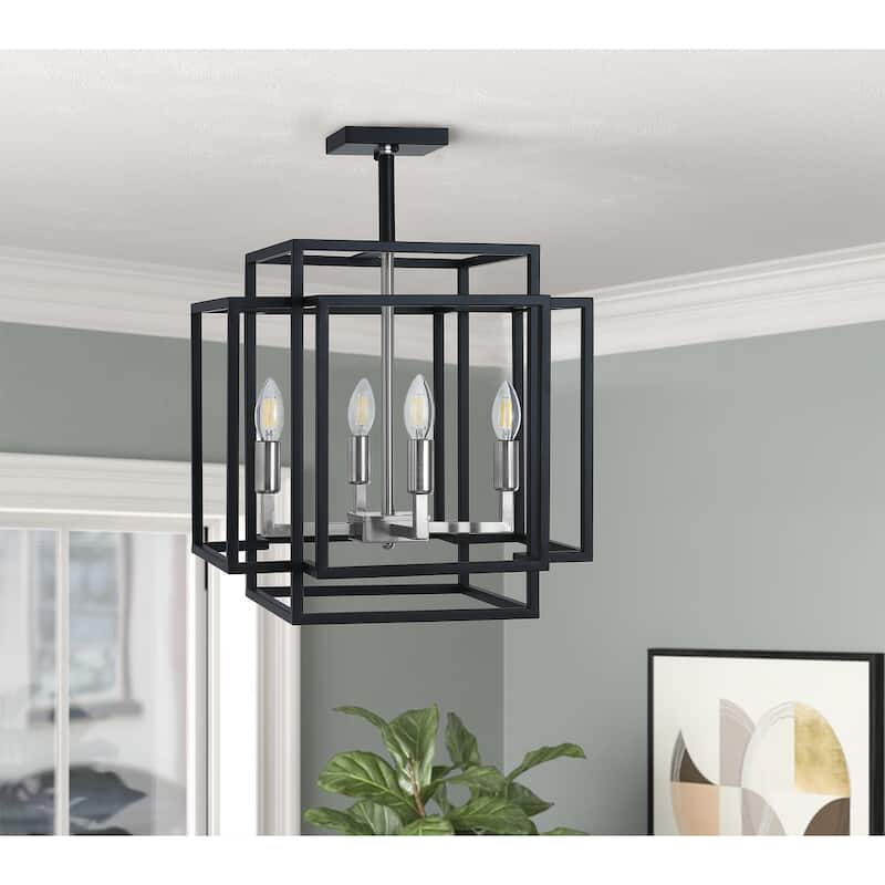 Industrial Black 4-Light Rectangle Iron Frame Semi Flush Mount Lamp - Black/Chrome
