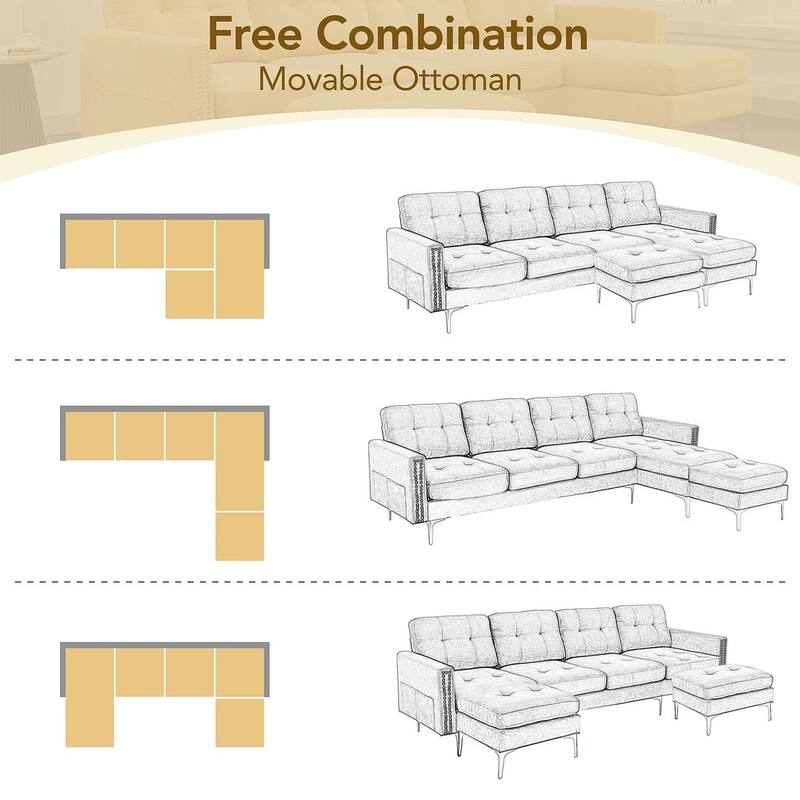 L-Shape Convertible Sectional Sofa Couch, Living Room Sectional with Movable Ottoman for Living Room, Apartment, Office