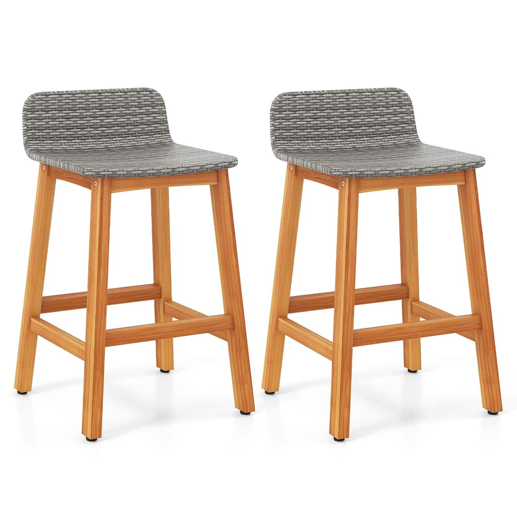 Gymax Solid Acacia Wood Bar Stools Set of 2 Rattan Bar Height Patio