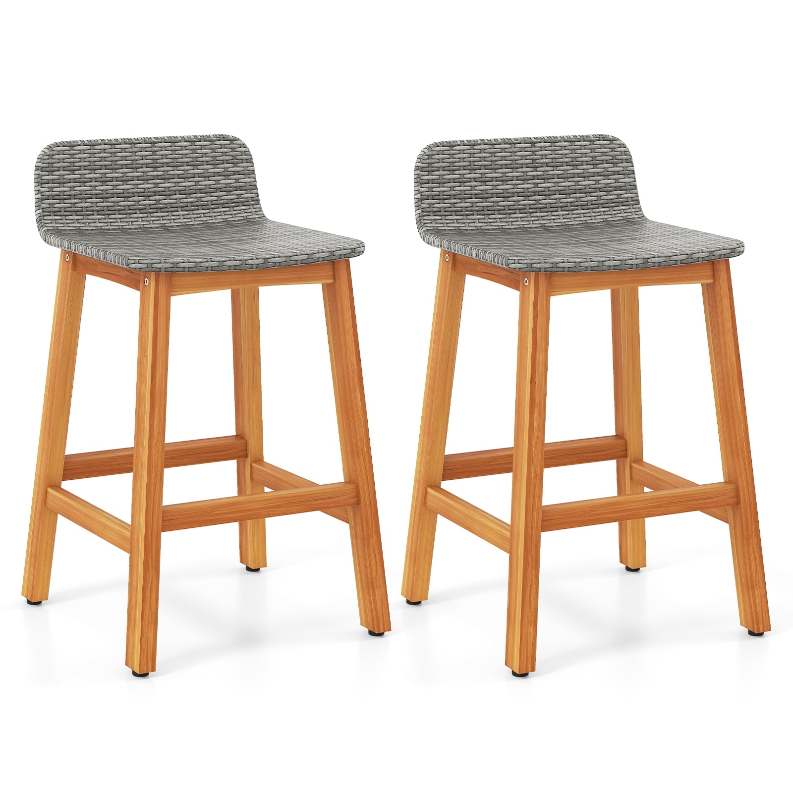 Gymax Solid Acacia Wood Bar Stools Set of 2 Rattan Bar Height Patio