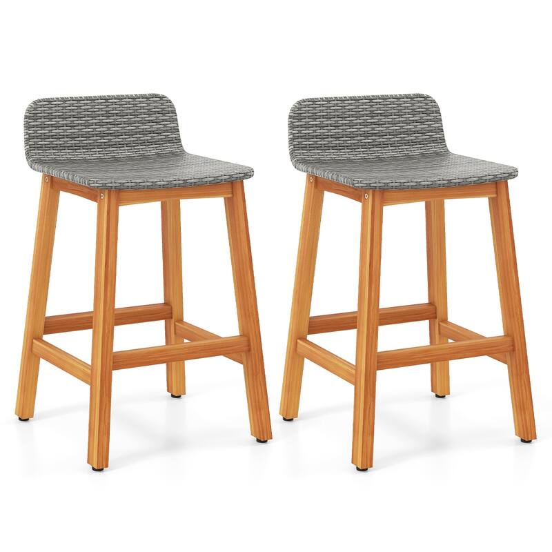Gymax Solid Acacia Wood Bar Stools Set of 2 Rattan Bar Height Patio - Bar Height - Natural - Set of 2