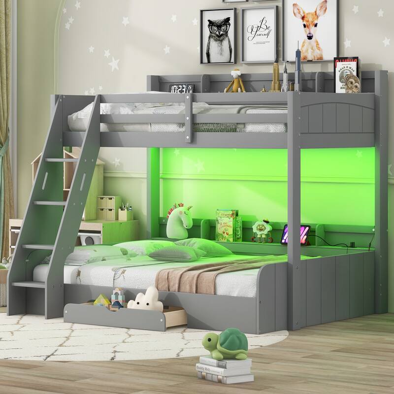 Twin/Full Bunk Bed with Storage - Includes LED Lights, Charging Station & Drawers, Ideal for Kids' Rooms & Guest Spaces