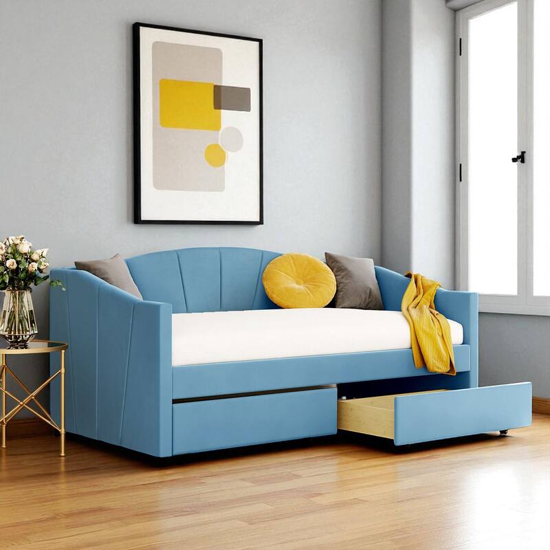 Twin Upholstered Daybed with Storage Drawers and Wood Slats, Velvet Fabric Frame, No Box Spring Needed - Blue - Twin