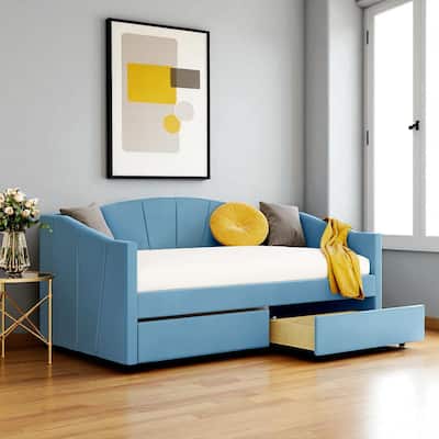Twin Upholstered Daybed with Storage Drawers and Wood Slats, Velvet Fabric Frame, No Box Spring Needed