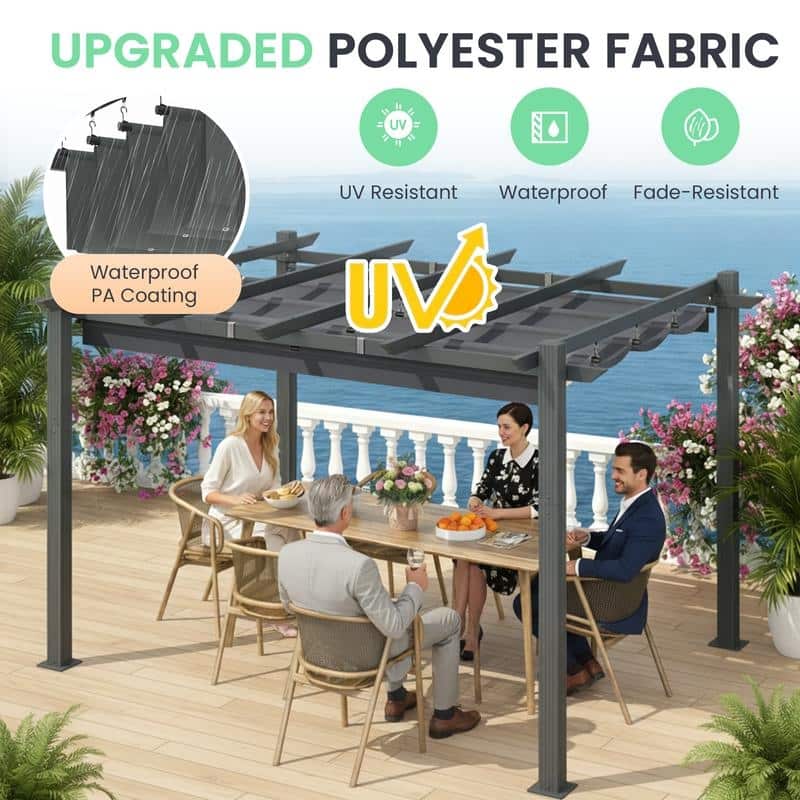 EROMMY 10' x 13' Outdoor Pergola with Retractable Canopy, Heavy-Duty Metal Frame and Adjustable Patio Shade Roof