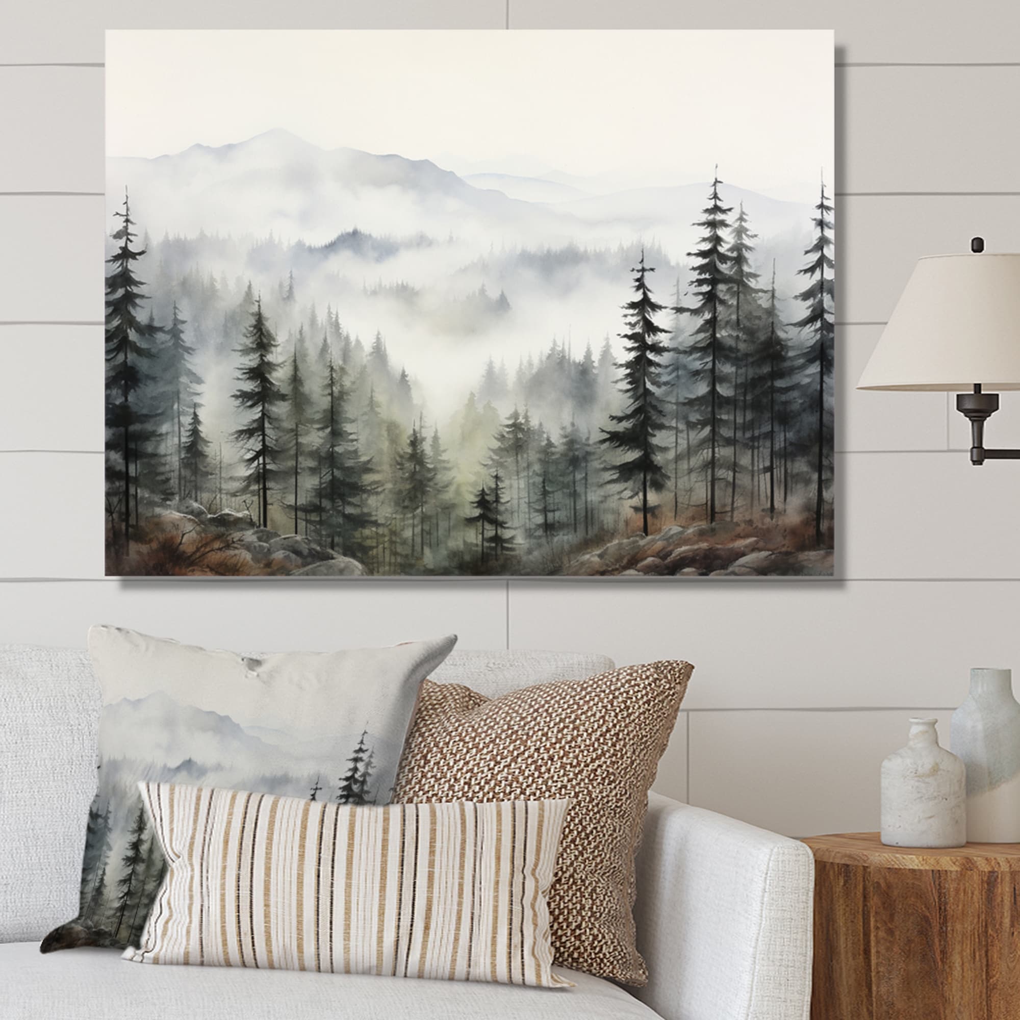 Designart "Pine Tree Misty Mountain II" Floral Wall Art Print For Living Room