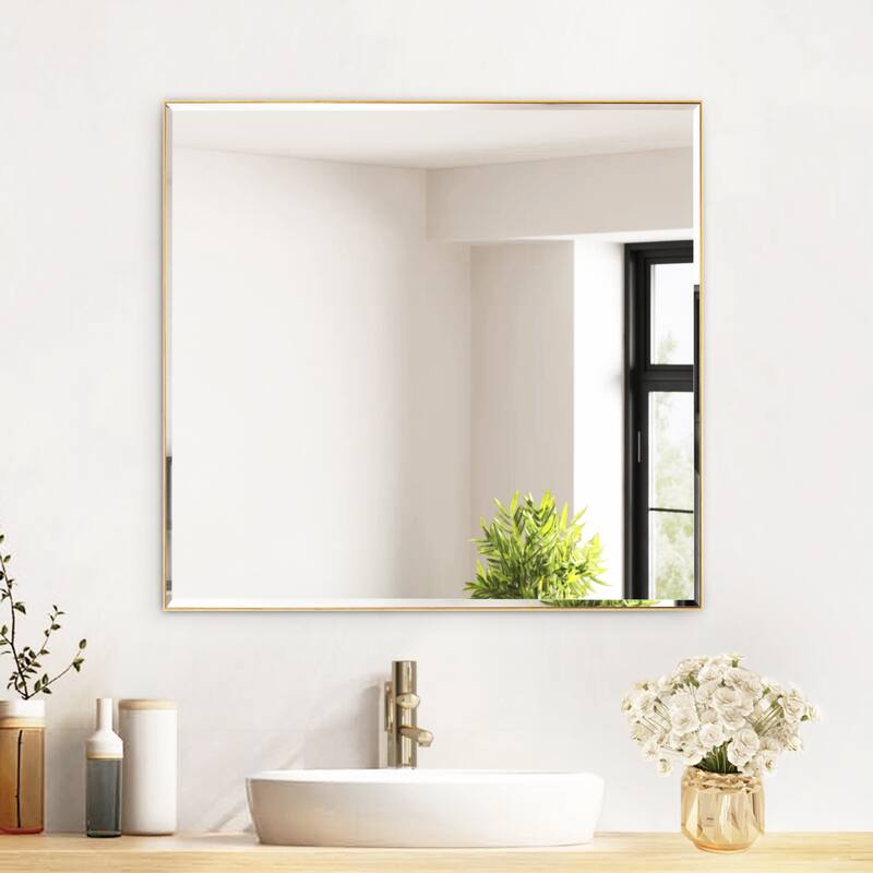 Aluminum Framed Rectangle Beveled Bathroom Wall Mirror - 30"W x 30"H - Gold