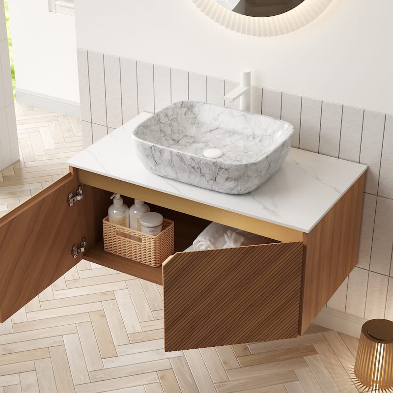 36" Bathroom Vanity&Sink,Plywood Storage Cabinet, Twill Double Doors,Ceramic Vessel Basin& Stone Top