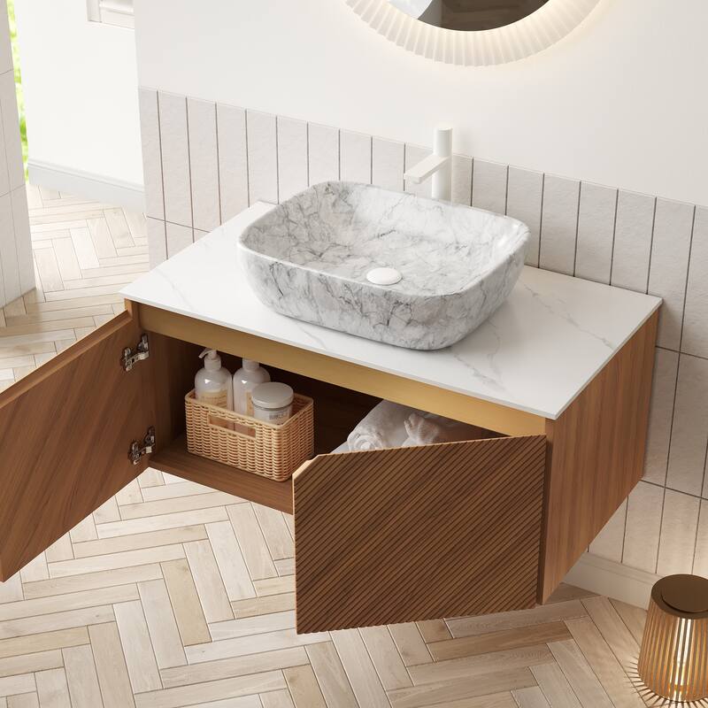 GDFStudio - Ruben Modern Floating Bathroom Vanity with Twill Double Doors & Vessel Basin, WITHOUT Faucet - 36" - Stone Gray