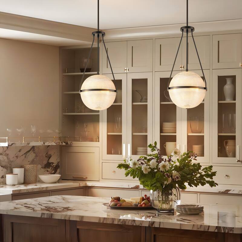 3-Light 13.78" Black/Gold Mid-Century Modern Grid Glass Globe Bubble Pendant Light Kitchen Island Lighting