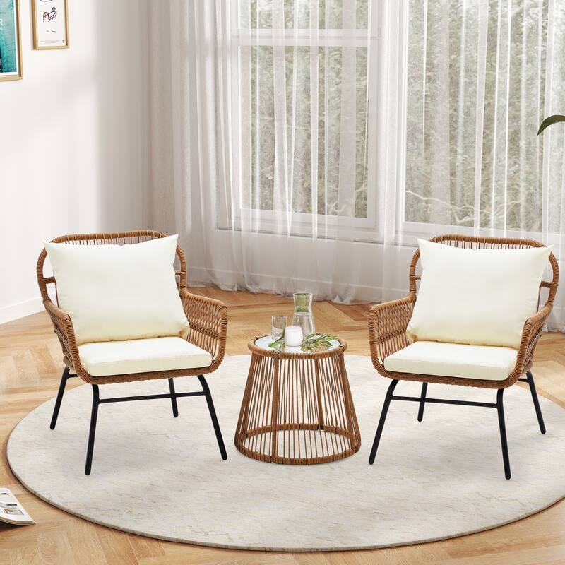 3-Piece Patio Conversation Bistro Set, Outdoor Rattan Furniture Set with Glass Table & 2 Wide Armchairs, Seat Cushions
